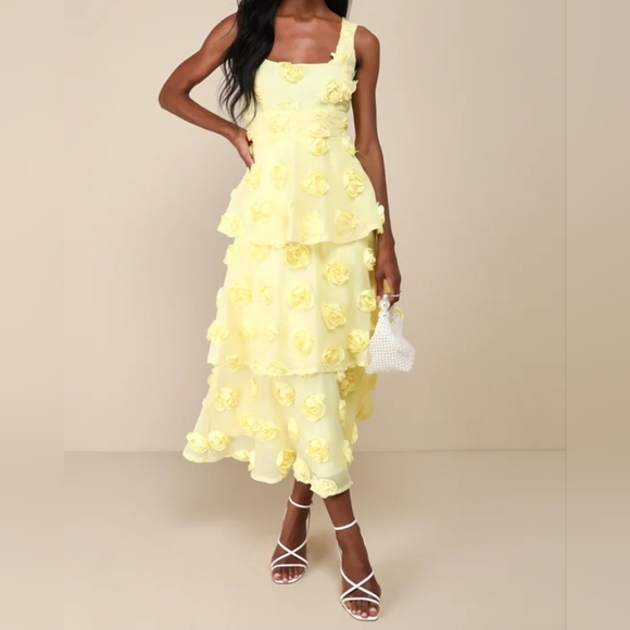 Lulus Dresses & Skirts - Lulus Exceptional Entrance Yellow Sleeveless Tiered Rosette Midi Dress, Medium